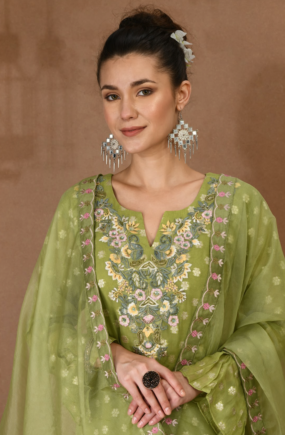 Green Khadi Kurta & Georgette Sharara