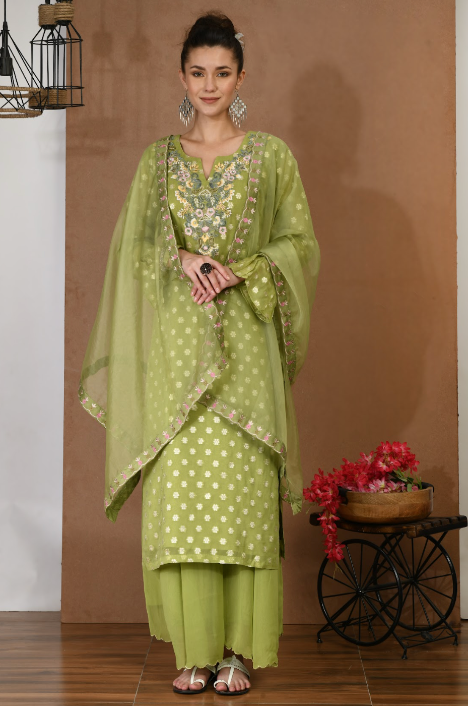 Green Khadi Kurta & Georgette Sharara