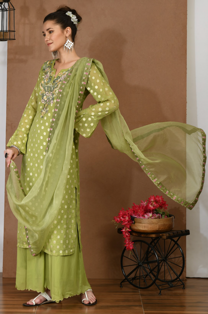 Green Khadi Kurta & Georgette Sharara