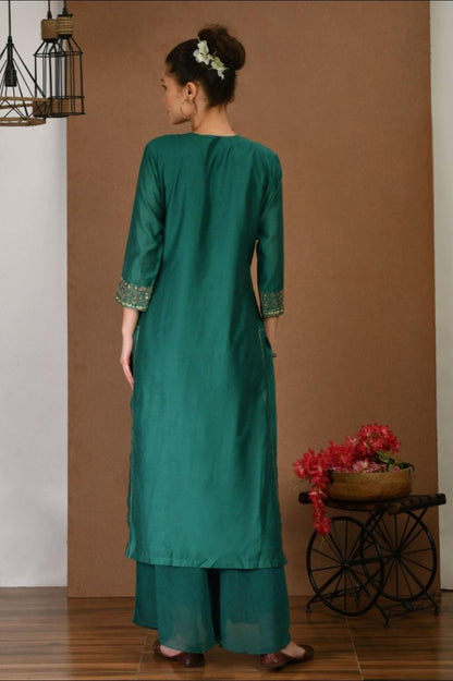 Chanderi Green Kurta & Georgette Plazoo Set