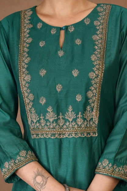 Chanderi Green Kurta & Georgette Plazoo Set