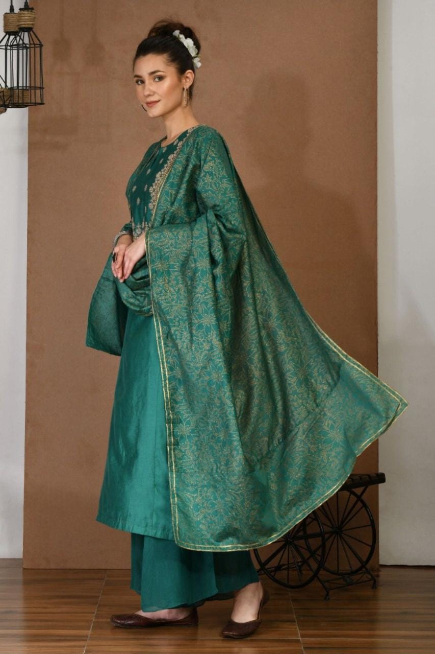 Chanderi Green Kurta & Georgette Plazoo Set