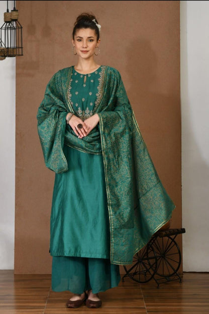 Chanderi Green Kurta & Georgette Plazoo Set