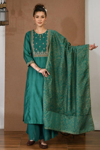 Chanderi Green Kurta & Georgette Plazoo Set