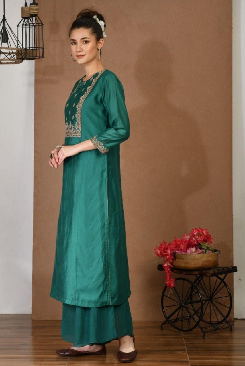 Chanderi Green Kurta & Georgette Plazoo Set