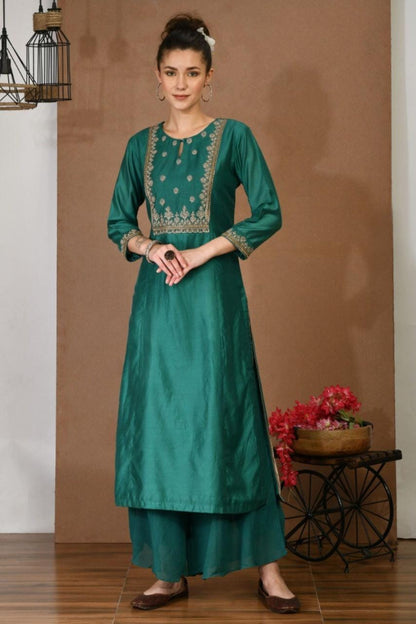 Chanderi Green Kurta & Georgette Plazoo Set